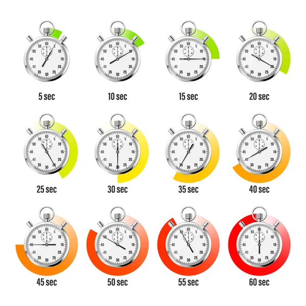 Realistische Klassische Stoppuhr Glänzendes Metall Chronometer Zeitzähler Mit Zifferblatt Bunte — Stockvektor