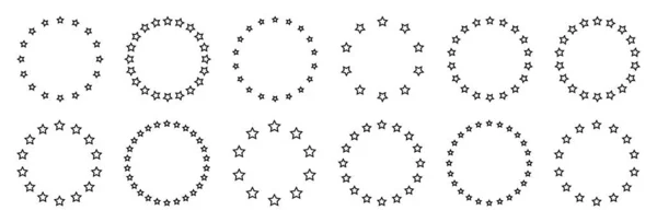 大小各异的恒星呈圆形排列 圆形框架 黑色星形轮廓 简单的符号 设计元素 装饰品 线条艺术 矢量说明 — 图库矢量图片