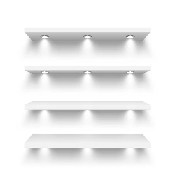 Realistic White Store Shelves Lighting Spotlights Empty Product Shelf Grocery — Vetor de Stock