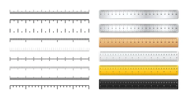 Реалистичные Металлические Пластиковые Линейки Масштабы Измерений Делениями Масштаб Измерения Длины — стоковый вектор