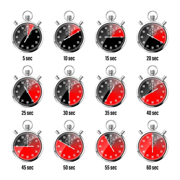 Realistische Klassieke Stopwatch Glanzende Metalen Chronometer Tijdteller Met Wijzerplaat Rood — Stockvector