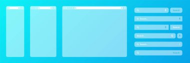Çeşitli arama çubuğu şablonlarına sahip boş saydam internet tarayıcı penceresi. Arama kutusu, adres çubuğu ve metin alanı olan web sitesi motoru. UI tasarımı, web sitesi arayüzü elemanları. Vektör illüstrasyonu.