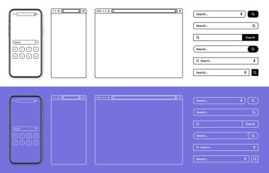 Akıllı telefon, web tarayıcı, araç çubuğu ve arama çubuğu olan internet sayfası penceresi, alan. Modern web sitesi düz stil, çizgi sanatı. Bilgisayar, tablet ve akıllı telefon için boş tarayıcı modeli. Vektör illüstrasyonu.