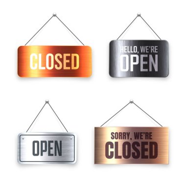 Fırçalanmış metal Açık ve Kapalı asılı tabelalar. Kafe, restoran, bar ya da perakende mağazası için klasik kapı tabelası. Duyuru pankartı, iş ya da hizmet için bilgi tabelası. Vektör illüstrasyonu.