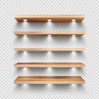 Işıklı, spot ışıklı gerçekçi ahşap mağaza rafları. Boş ürün rafı, market rafı. Alışveriş merkezi, süpermarket mobilyası, kitaplık. Modern iç tasarım elementi. Vektör illüstrasyonu. 
