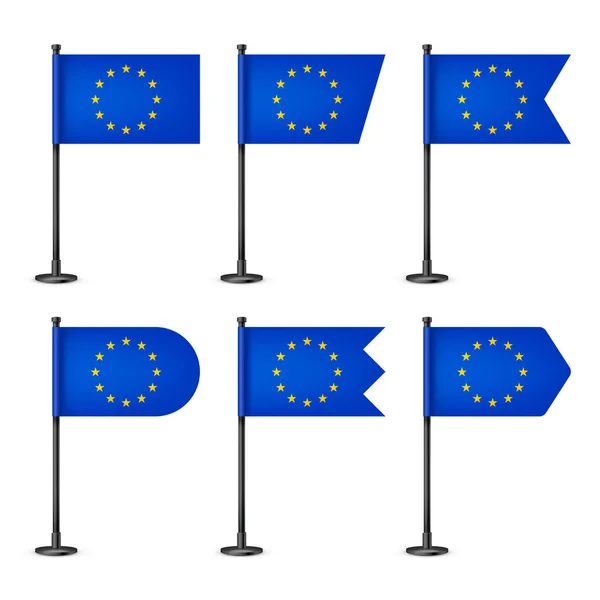 Реалістичні Прапори Європейських Столів Чорному Сталевому Стовпі Сувенір Європи Склад — стоковий вектор