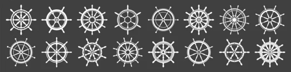 Collection White Vintage Steering Wheels Ship Yacht Retro Wheel Symbol — Vector de stock