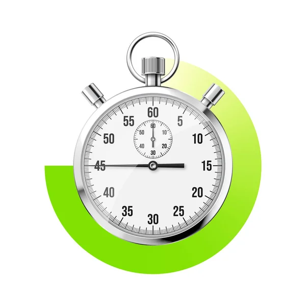 Realistische Klassische Stoppuhr Glänzendes Metall Chronometer Zeitzähler Mit Zifferblatt Grüner — Stockvektor