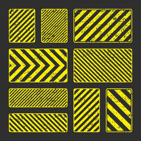 Verschiedene Gelbe Grunge Warnschilder Mit Diagonalen Linien Alte Aufmerksamkeit Gefahren — Stockvektor