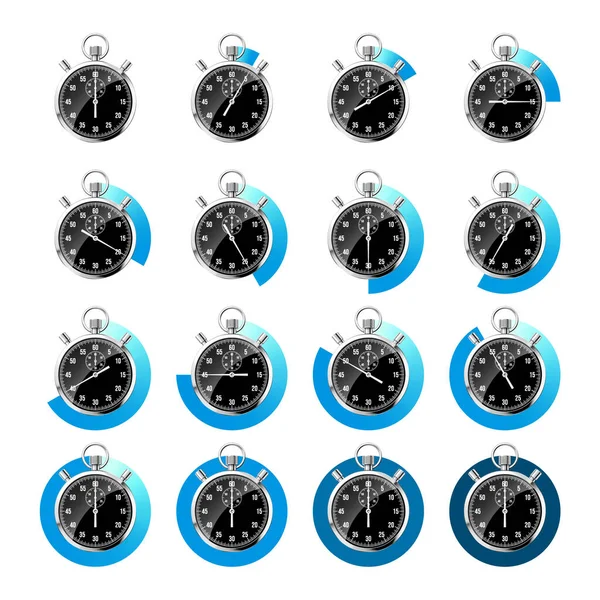 Realistiskt Klassiskt Stoppur Glänsande Metallkronometer Svart Tidsräknare Med Urtavla Blå — Stock vektor