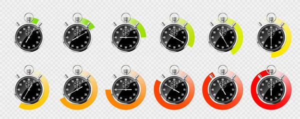 Realistic Classic Stopwatch Shiny Metal Chronometer Black Time Counter Dial — Stock Vector