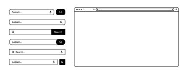 Boş web tarayıcısı, araç çubuğu ve arama çubuğu olan internet sayfası penceresi, alan. Modern web sitesi düz stil, çizgi sanatı. Bilgisayar, tablet ve akıllı telefon için tarayıcı modeli. Vektör illüstrasyonu.