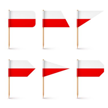 Polonya kürdan bayrakları. Polonya 'dan bir hatıra. Kağıt bayraklı tahta kürdanlar. Yer belirleyici, harita işaretleyici. Reklam ve promosyonlar için boş bir model. Vektör illüstrasyonu.