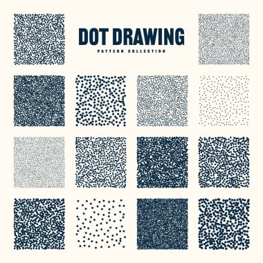 Square shaped dotted objects, vintage stipple elements. Stippling, dotwork drawing, shading using dots. Halftone effect. White noise grainy texture, pattern. Vector illustration.