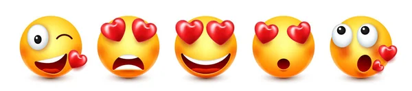 Cartoon Emoji Hearts Emoticons Collection Yellow Face Emotions Mood Facial — Wektor stockowy