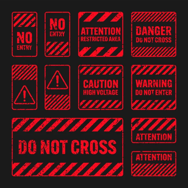 Varios Signos Advertencia Grunge Rojo Con Líneas Diagonales Antigua Atención — Vector de stock