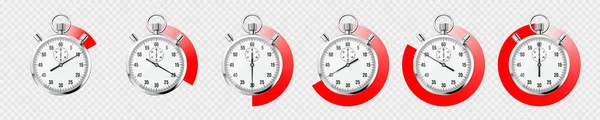Realistiskt Klassiskt Stoppur Glänsande Metallkronometer Tidsräknare Med Urtavla Röd Nedräkningstimer — Stock vektor