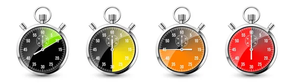 现实的经典秒表 新金属计时器 计时器与刻度盘 彩色倒计时计时器显示分秒秒 运动时间的测量 开始和结束 矢量说明 — 图库矢量图片