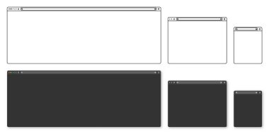 Boş web tarayıcısı, araç çubuğu ve arama alanı olan internet sayfası penceresi. Modern web sitesi düz stil, çizgi sanatı. Bilgisayar, tablet ve akıllı telefon için tarayıcı modeli. Vektör illüstrasyonu.