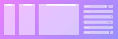 Çeşitli arama çubuğu şablonlarına sahip boş saydam internet tarayıcı penceresi. Arama kutusu, adres çubuğu ve metin alanı olan web sitesi motoru. UI tasarımı, web sitesi arayüzü elemanları. Vektör illüstrasyonu.
