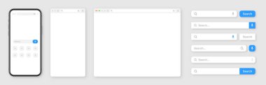 Akıllı telefon, boş internet tarayıcı penceresi ve çeşitli arama çubuğu şablonları. Arama kutusu, adres çubuğu ve metin alanı olan web sitesi motoru. UI tasarımı, web sitesi arayüzü elemanları. Vektör illüstrasyonu.