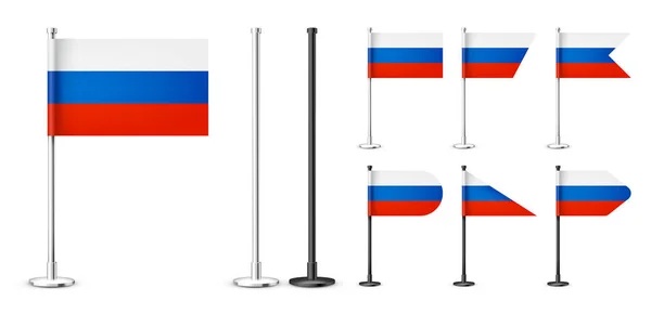 Realistic Various Russian Table Flags Chrome Steel Pole Souvenir Russia — Stock Vector
