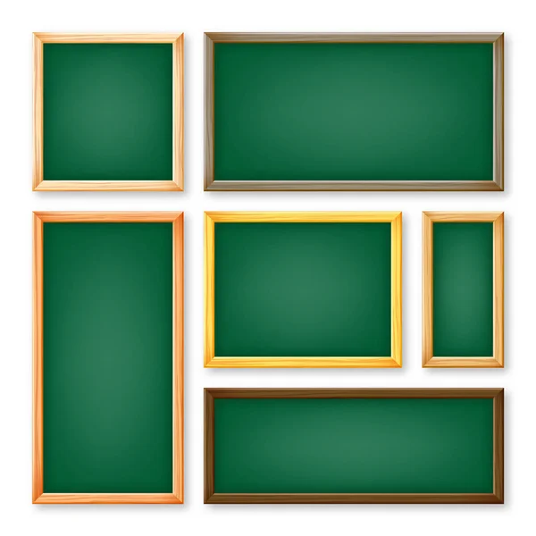 木製のフレーム内の現実的な様々な黒板 緑のレストランメニューボード 学校の黒板 テキストや図面の表面を書く 空白の広告やプレゼンテーションボード ベクターイラスト — ストックベクタ