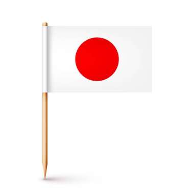 Gerçekçi Japon kürdan bayrağı. Japonya 'dan bir hatıra. Kağıt bayraklı tahta kürdan. Yer belirleyici, harita işaretleyici. Reklam ve promosyonlar için boş bir model. Vektör illüstrasyonu.