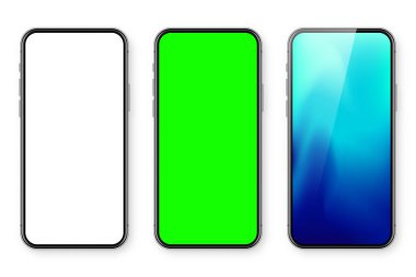 Boş dokunmatik ekranlı akıllı telefon ve soyut renkli duvar kağıdı, yeşil krom anahtar arka plan. Ön görüntüde çerçevesiz cep telefonu var. Yüksek kalite detaylı cihaz modeli. Vektör illüstrasyonu.