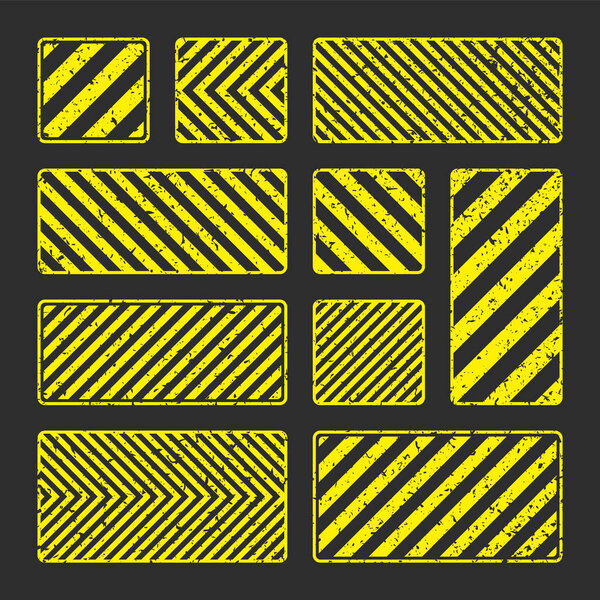 Various yellow grunge warning signs with diagonal lines. Old attention, danger or caution sign, construction site signage. Realistic notice signboard, warning banner, road shield. Vector illustration.