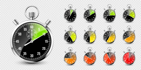 Realistische Klassische Stoppuhr Glänzendes Metall Chronometer Zeitzähler Mit Zifferblatt Bunte — Stockvektor