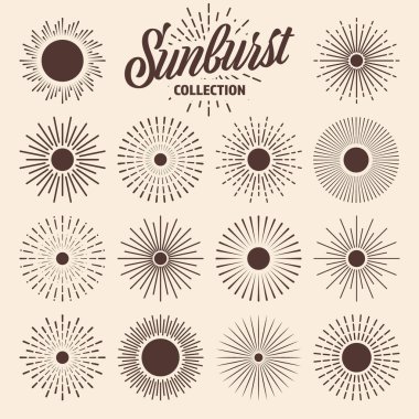 Klasik güneş patlaması, günbatımı ışınları koleksiyonu. El çizimi güneş patlaması, ışık ışınları. Logotype ya da dizayn ögesi retro tarzında. Vektör illüstrasyonu.