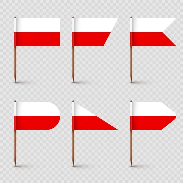 波兰牙签旗 波兰的纪念品 带有纸旗的木制牙签 位置标记 地图指针 广告和促销的空白模型 矢量说明 — 图库矢量图片