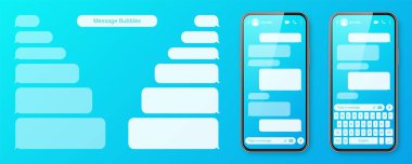 Renkli mavi arka planda mesajlaşma uygulaması olan gerçekçi bir akıllı telefon. Boş SMS metin çerçevesi. Şeffaf mesaj baloncuklarıyla sohbet ekranı. Sosyal medya uygulaması. Vektör illüstrasyonu.
