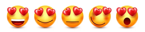 Cartoon Emoji Hearts Emoticons Collection Yellow Face Emotions Mood Facial — Stockvector