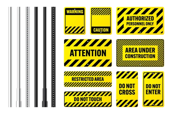 Avertissement Signes Danger Bannières Attention Avec Poteaux Métalliques Panneau Avertissement — Image vectorielle