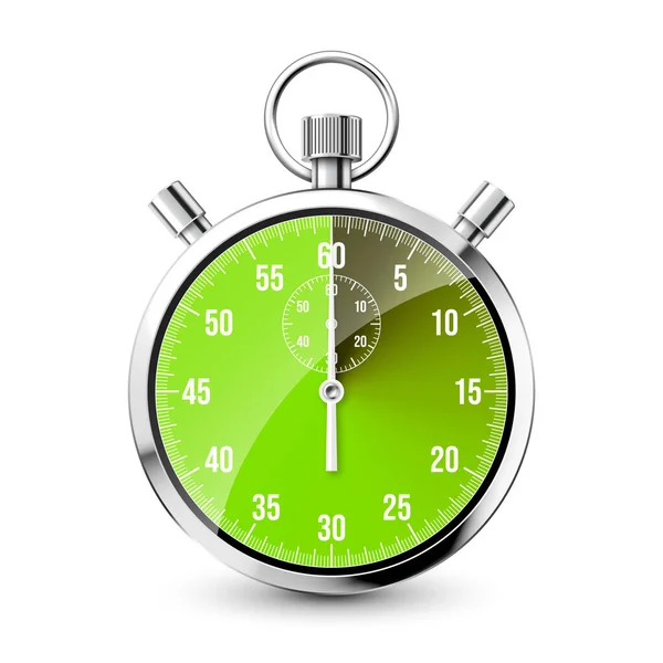 Realistiskt Klassiskt Stoppur Glänsande Metallkronometer Tidsräknare Med Urtavla Grön Nedräkningstimer — Stock vektor