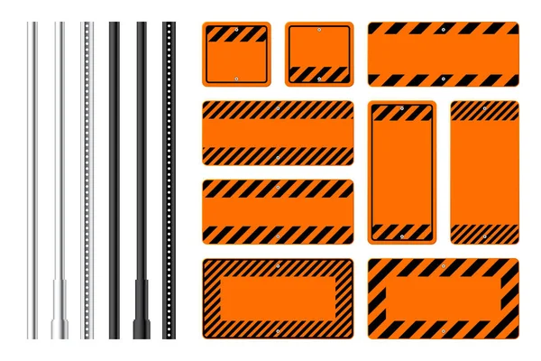 Предупреждение Знаки Опасности Баннеры Металлическими Столбами Оранжевый Предупреждающий Знак Вывеска — стоковый вектор