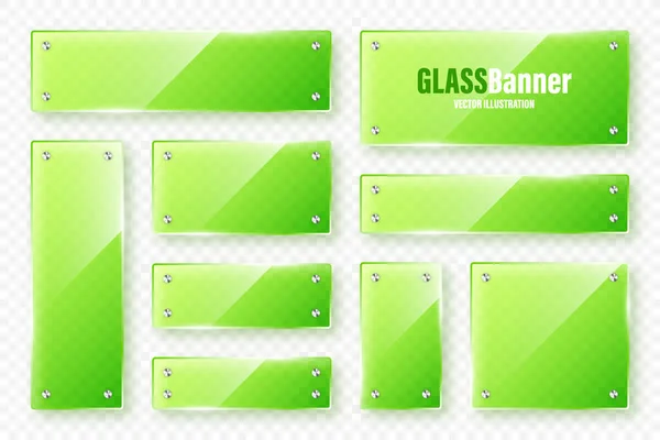 Realistic Glass Frames Collection Green Transparent Glass Banners Flares Highlights — Stockový vektor