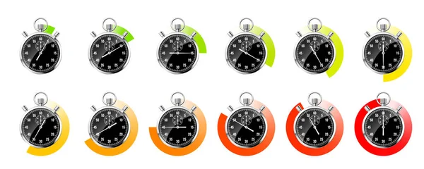 现实的经典秒表 新金属计时器 黑色计时器与刻度盘 彩色倒计时显示分 运动时间的测量 开始或结束 矢量说明 — 图库矢量图片
