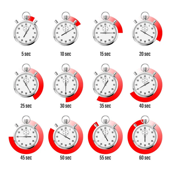 Gerçekçi Klasik Kronometre Parlak Metal Kronometre Çevirmeli Zaman Sayacı Kırmızı — Stok Vektör