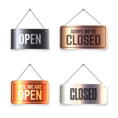 Fırçalanmış metal Açık ve Kapalı asılı tabelalar. Kafe, restoran, bar ya da perakende mağazası için klasik kapı tabelası. Duyuru pankartı, iş ya da hizmet için bilgi tabelası. Vektör illüstrasyonu.