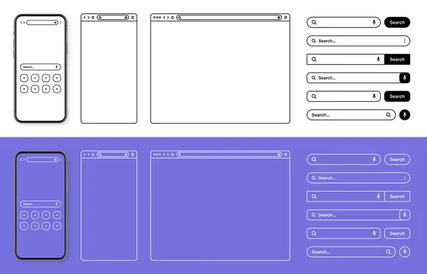stock vector Smartphone, web browser, internet page window with toolbar and search bar, field. Modern website in flat style, line art. Blank browser mockup for computer, tablet and smartphone. Vector illustration.