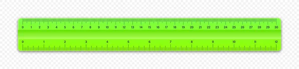 測定スケールと部門を持つ現実的な緑のプラスチック定規は マークを測定します 長さ測定のためのスクール定規 センチメートルとインチスケール 事務用品だ ベクターイラスト — ストックベクタ