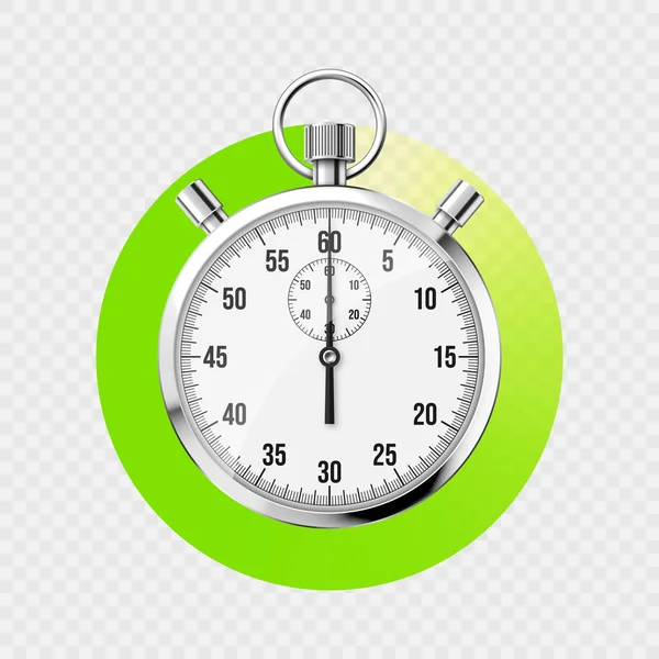 Realistyczny Klasyczny Stoper Błyszczący Metalowy Chronometr Licznik Czasu Tarczą Zielony — Wektor stockowy