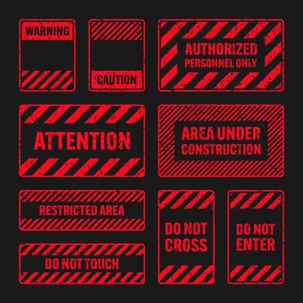 Varios Signos Advertencia Grunge Rojo Con Líneas Diagonales Antigua Atención — Archivo Imágenes Vectoriales