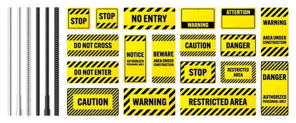 警告危険標識金属棒付きの注意バナー 黄色の注意サイン 建設現場の看板 警告バナー 道路シールドに注意してください ベクターイラスト — ストックベクタ