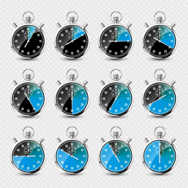 Realistic Classic Stopwatch Shiny Metal Chronometer Time Counter Dial Blue — Stock Vector