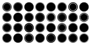 Mekanik saat yüzleri, bezel. Dakika ve saat işaretli yuvarlak arama. Zamanlayıcı ya da kronometre elemanı. Boş ölçüm çemberi ölçeği ve bölünmeler. Vektör illüstrasyonu