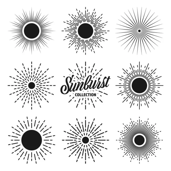 Винтажные Солнечные Лучи Коллекция Солнечных Лучей Вручную Нарисованное Яркое Солнце — стоковый вектор